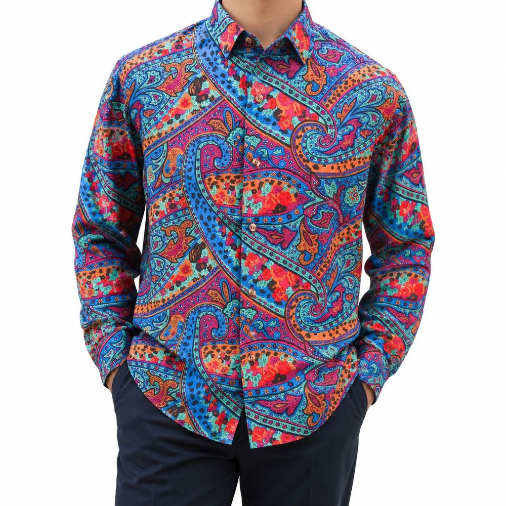Mens Large Multicolor Paisley Floral Silky Viscose Long Sleeve Dress Shirt NWT